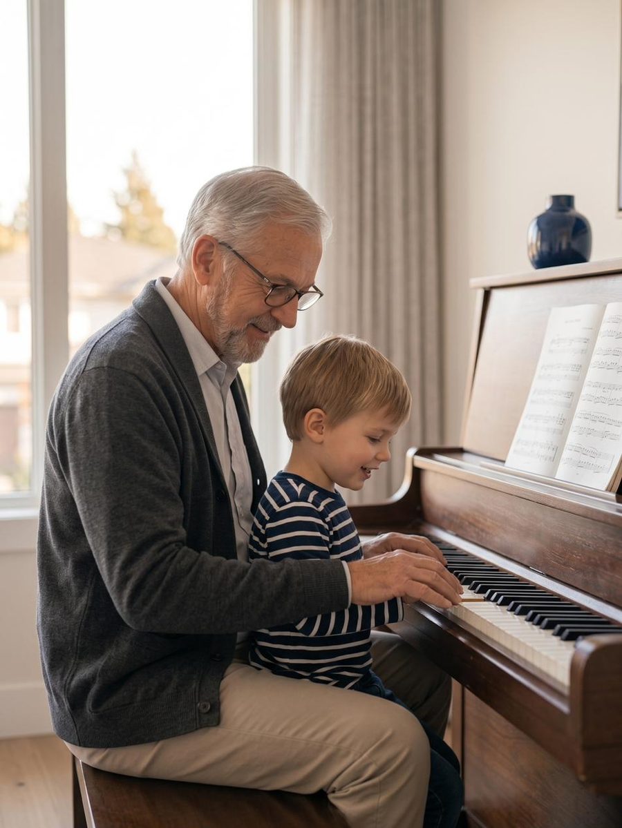 A grandfather teaching his grandson piano, the kind of unhurried time a dependable retirement paycheck protects
