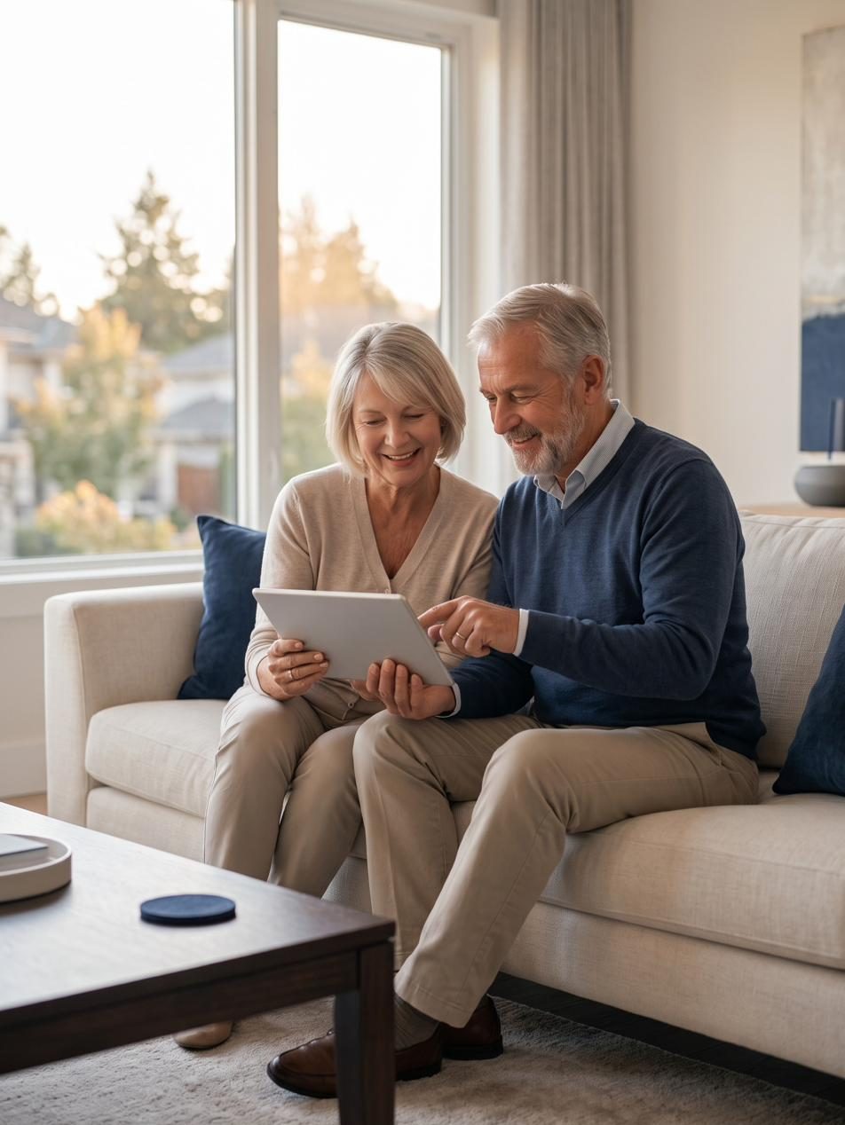 A smiling retired couple relaxing together at home, reviewing their retirement plans with confidence
