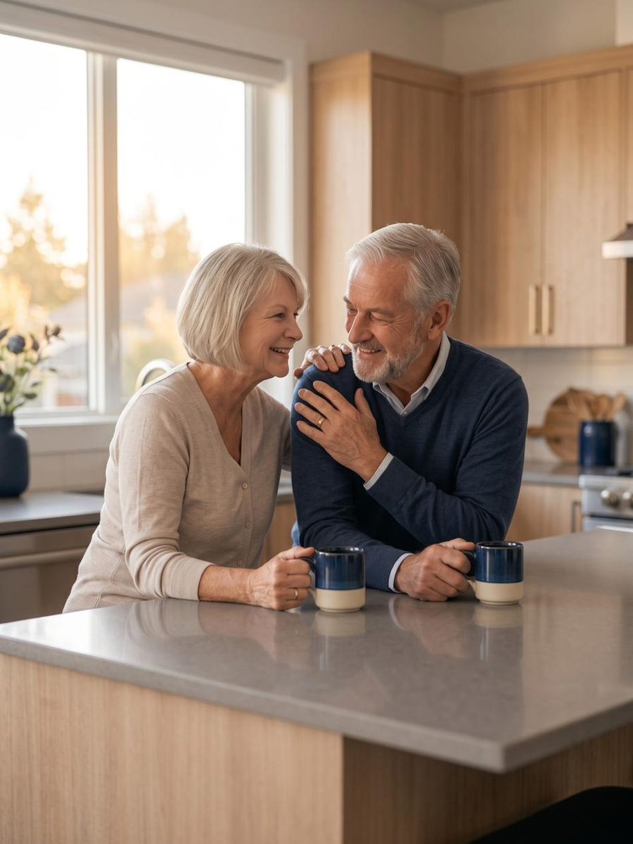A retired couple sharing an easy morning coffee together in their kitchen